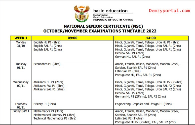 Matric Exam Timetable Demzyportal